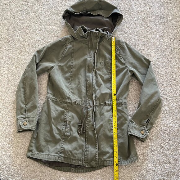 Olive Green Drawstring Utility Hooded Jacket w Button and Zip Closure Y2K Small - Picture 11 of 13